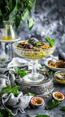 A beautifully presented fruit salad with passion fruit in an ornate crystal bowl, surrounded by fresh ingredients and elegant decor. Stories template, phone background - 780483953