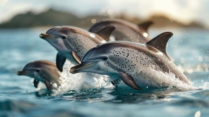 Obraz premium A spotted dolphin family leaping out of the clear blue Hawaii waters.