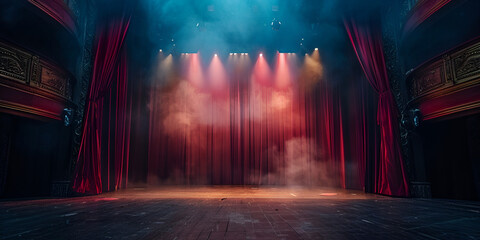 Theater stage with red curtain wooden floor chairs spotlight colors fog smoke backdrop decoration blue light background illuminate