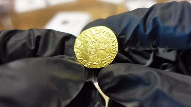 Collector examining Portuguese gold coin from the Age of Discoveries