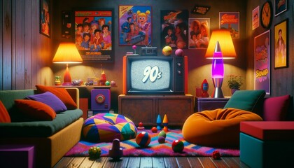 A cozy 90s living room filled with colorful, geometric design furniture, a CRT television displaying a popular TV show from the era, and iconic 90s hardware