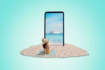 Rear view of a woman in bikini relaxing on a sandy beach pointing to a ship