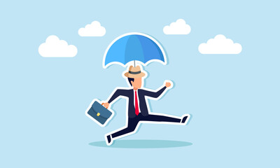 Insurance shields and protects, ensuring safety and security amidst economic crisis, concept of Confident entrepreneur, donning a sturdy hat, dashes under a reliable umbrella, feeling secure