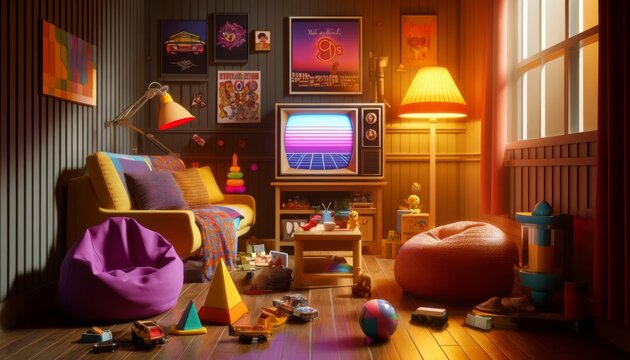 A cozy 90s living room filled with colorful, geometric design furniture, a CRT television displaying a popular TV show from the era, and iconic 90s