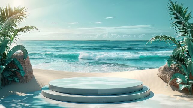 Beach podium summer background sand product 3D sea display platform. Beach podium summer banner stand scene sale sky holiday vacation stage water island sun travel pedestal promotion presentation ad