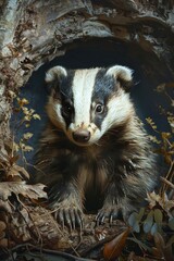 Close-up of a badger at the entrance to its burrow, with details of the surrounding earth and foliagestock photographic style