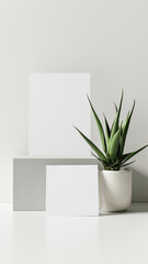 Stylish mockup featuring blank white cards and a vibrant green plant on a clean background, ideal for branding presentations