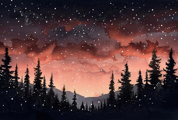 a watercolor of a mountain landscape with trees and stars