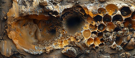 Cross-section of an underground bee nest, revealing chambers and tunnels in a natural setting hyper realistic