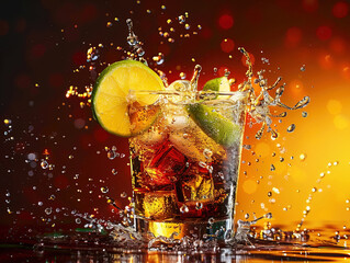 Cuba Libre with brown rum, cola, mint and lime. Cold Longdrink, alcohol cocktail. Place for text, dark background.