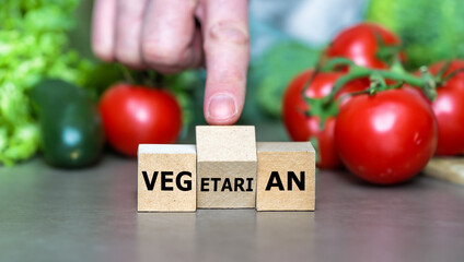 Hand turns cube and changes the word vegetarian to vegan. Symbol to change from a vegetarian to a vegan person.