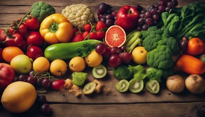 A variety of fresh fruits and vegetables arranged on a rustic wooden surface, vibrant and colorful, promoting a healthy eating concept.