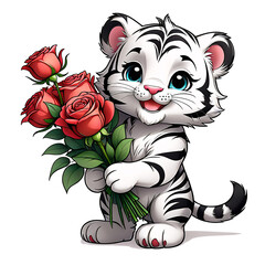 Cute tiger with roses. Funny cartoon character isolated on transparent background. A little tiger congratulates on the holiday and gives a bouquet of roses.