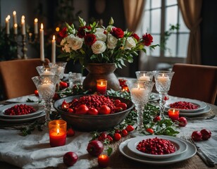 A festive table setting with chiles en nogada as the centerpiece, surrounded by candles and fresh flowers.
