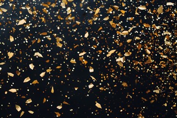 Many golden paper particles flying and splashing on the black background overlay, AI Generated.