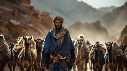Berber man leading camel caravan. Morroco.