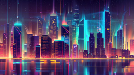 Retro-futuristic city skyline with glowing skyscrapers