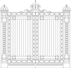 Vector sketch illustration design drawing of European vintage classic old iron fence gate