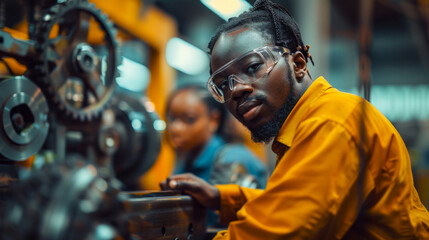 Focused Technician with Safety Goggles Adjusting Machinery