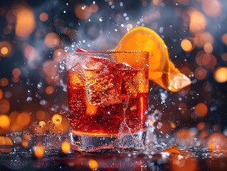 Negroni cocktail is contained in a low crystal glass with orange slices and ice cubes and isolated on a table edge. The showy illustrative picture is made on the gray backdrop. - Powered by Adobe