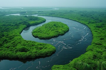 Aerial view of a winding river in a rainforest. The river's gentle curves mirror nature's graceful embrace in this aerial view.