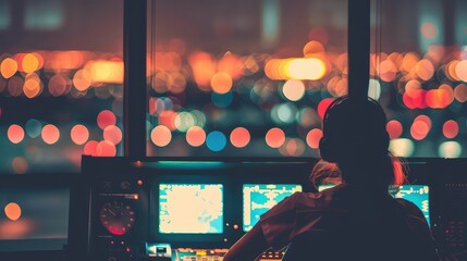 Female air traffic controller managing flights in a control tower. In the control tower, a...
