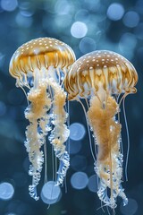 a pair of jellyfish swimming in water