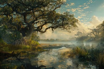 Obraz na płótnie Canvas lowland terrain It has mist-shrouded wetlands and mangrove forests.