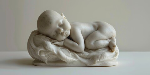 statue of a newborn baby on a gray background. Theme is the loss of children. 