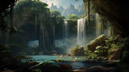  A majestic waterfall cascading down rugged cliffs into a pool below, framed by lush vegetation - obrazy, fototapety, plakaty