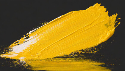 Hand painted stroke of yellow paint brush isolated on black background. Abstract stroke.