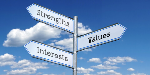 Fototapeta premium Strengths, values, interests - metal signpost with three arrows