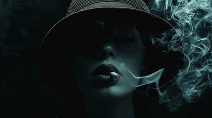 mysterious lady with hat and with a cigarette on black background