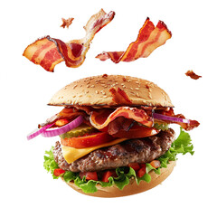 Flying Burger with Bacon isolated on white transparent background, ultra realistic, PNG