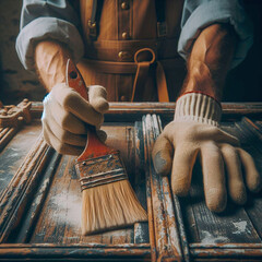 A worker restores an old wooden countertop - obrazy, fototapety, plakaty