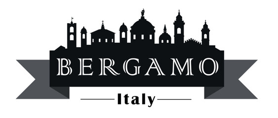 Bergamo Italy skyline on black or white background in vector file. Writing the name of the city inside a flag.