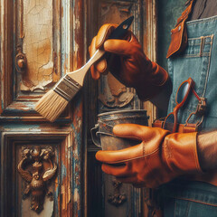 a worker with a brush in his hand restores ancient art - obrazy, fototapety, plakaty