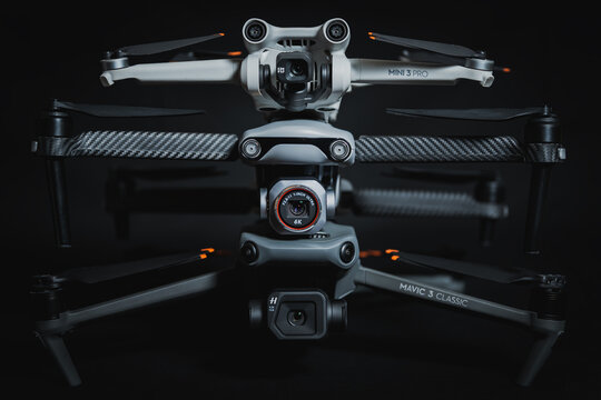 Baltics, May 5, 2024. Modern drones with camera, dji mini 3 pro, dji mavic 3 classic and Autel evo lite plus.