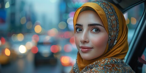 An elegant Arabian woman in hijab exudes style and allure as a passenger in traffic.