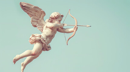Cupid flying overhead shooting his arrow on pastel blue background