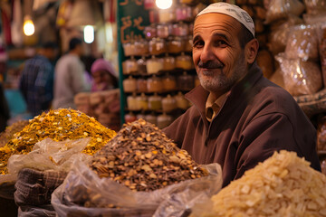Close up berber man, selling dried food, product on the arab market - obrazy, fototapety, plakaty