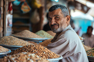 Close up berber man, selling dried food, product on the arab market - obrazy, fototapety, plakaty