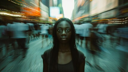 Obraz premium Standing Strong: In the shadow of oppression, a woman stands strong, her presence a beacon of hope for those oppressed by racism.