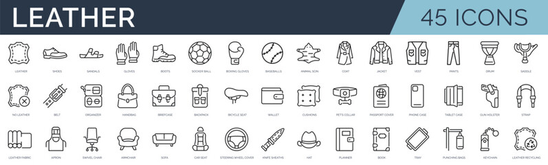 Set of 45 outline icons related to leather goods. Linear icon collection. Editable stroke. Vector illustration