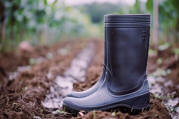 Black rain boots on the ground in the garden. Rubber wellies in dirt, muddy soil. Soggy. Sleet. Farmer's waterproof shoes. Space for text. Agriculture. Copy space. Planting season. Banner mockup. Pair - obrazy, fototapety, plakaty