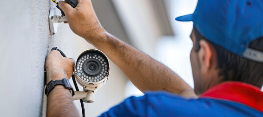 Electrician fixing cctv camera