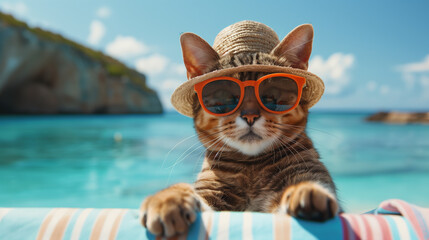 A cat wears glasses vacation at sea , summer vacation concept