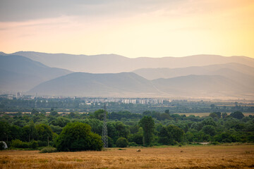 Sundown above the countryside at spring, natural landscape, nature backgrounds 