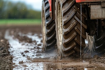 A tractor driving with mud underneath its wheels. Soggy soil. Environmental awareness. Climate. A tire of the tractor in sleet. A truck in dirt. Muddy field. Copy space. Rural