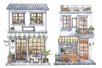  Watercolor paintings and ink lines of the cafe front 